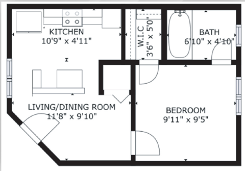 Floor plan for 1 bed, 1 bath, 327 sqft